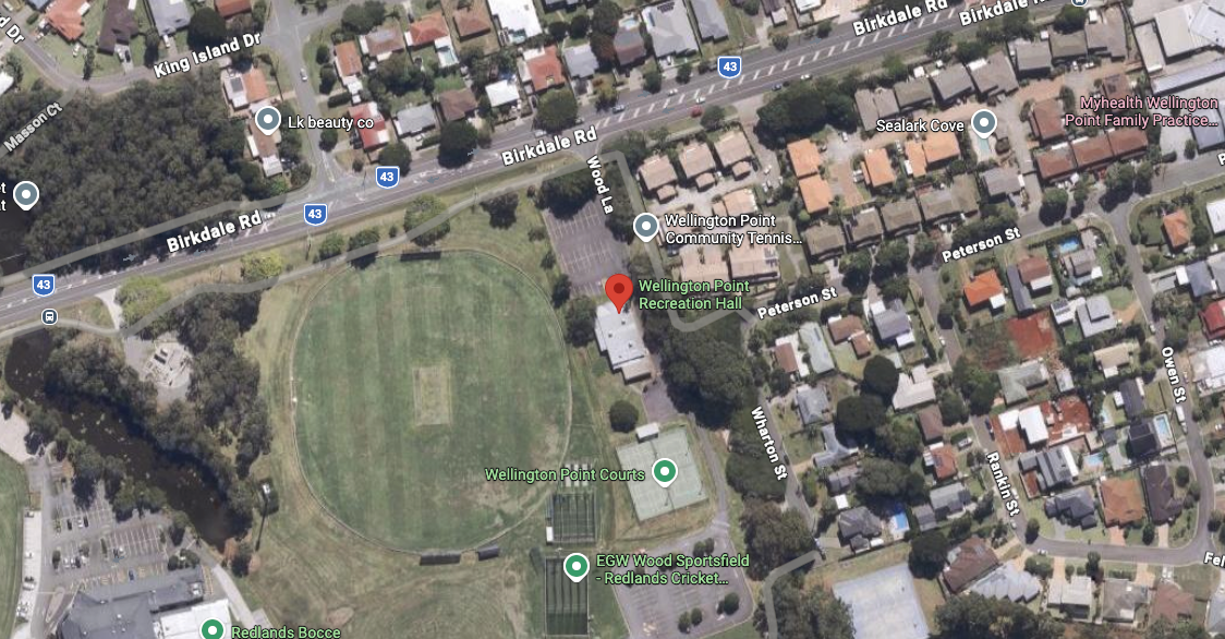 Map showing Wellington Point Recreation Hall off Birkdale Road
